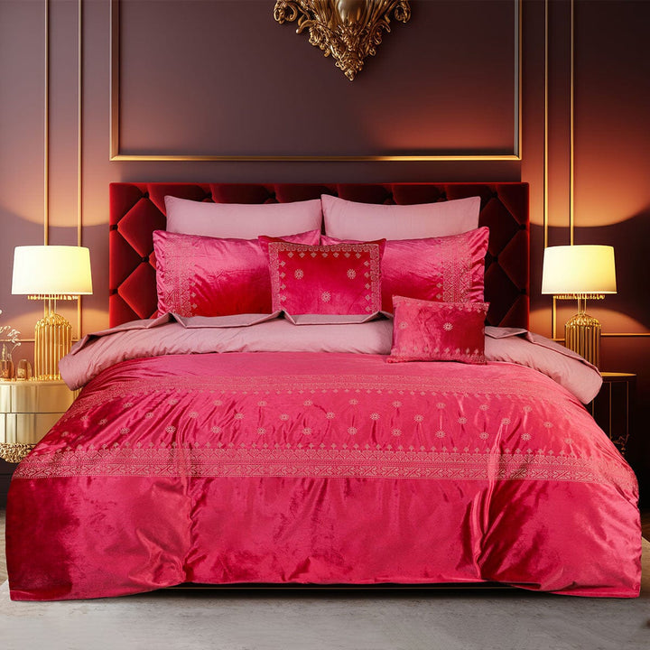 8 PCS BED SET EMBROIDERED VELVET SPRUCE REDDISH - KING Luxury Bedding HOMBEDCLU 