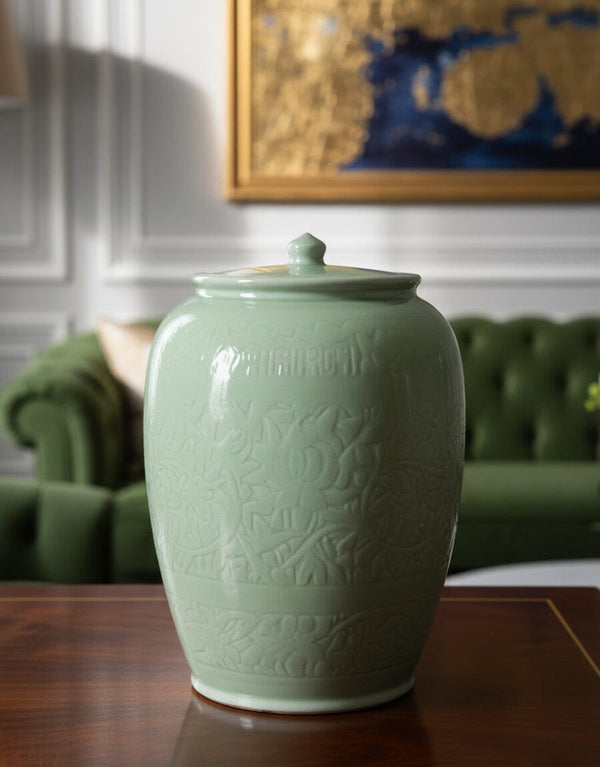 Embossed Green Ceramic Jar Decor KHAS STORES 
