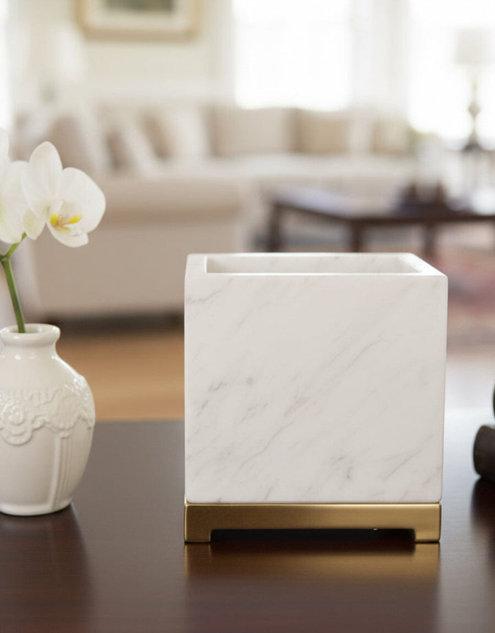 Marble Square Pot with Gold Base Decor KHAS STORES 