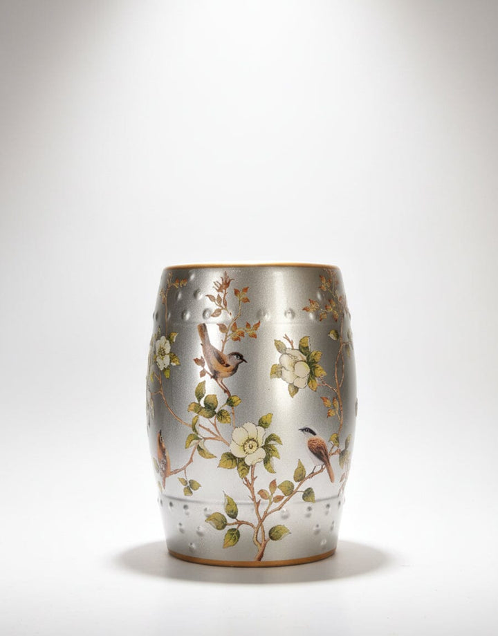 Silver Floral & Bird Ceramic Vase Decor KHAS STORES 