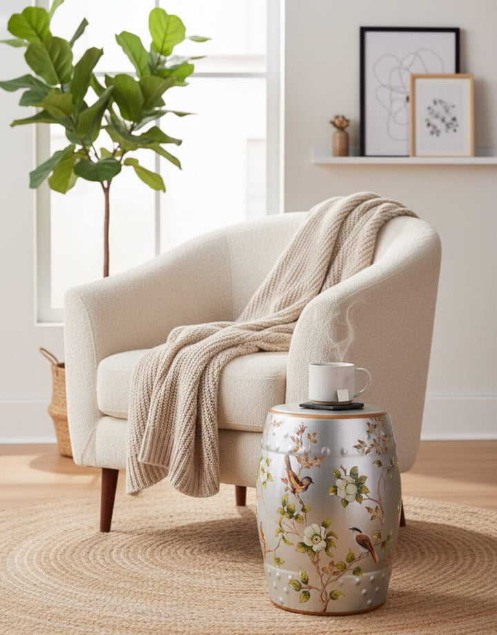 Silver Floral & Bird Ceramic Vase Decor KHAS STORES 