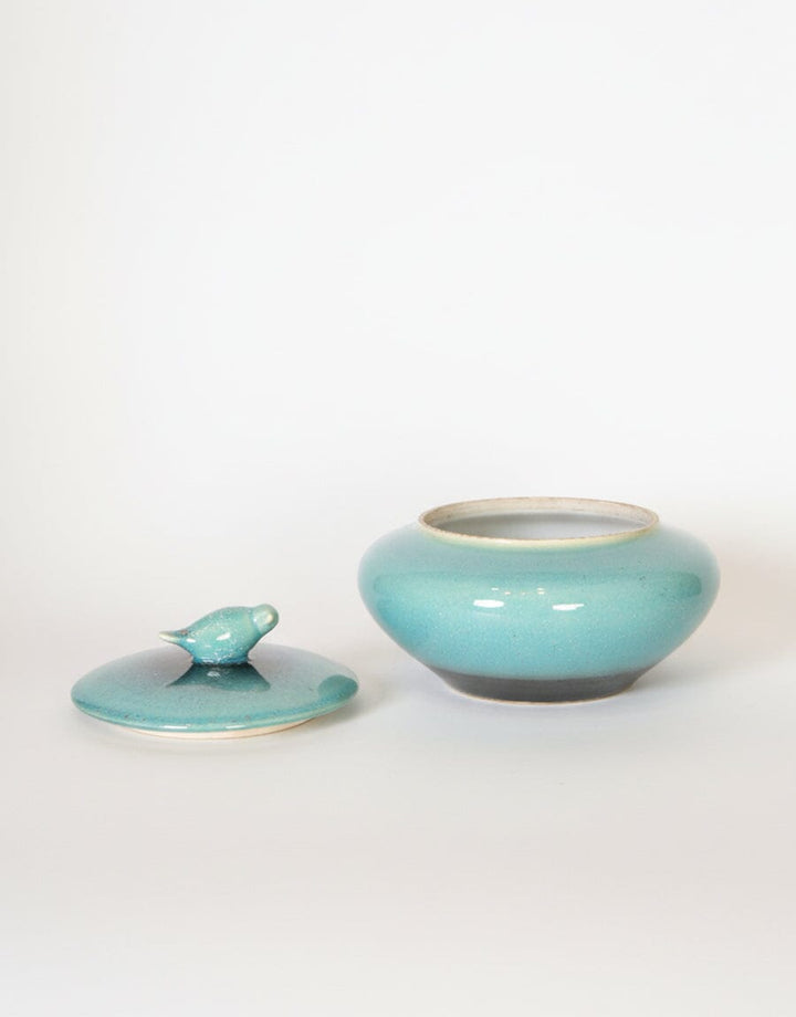 Turquoise Ceramic Jar with Bird Lid Decor KHAS STORES 