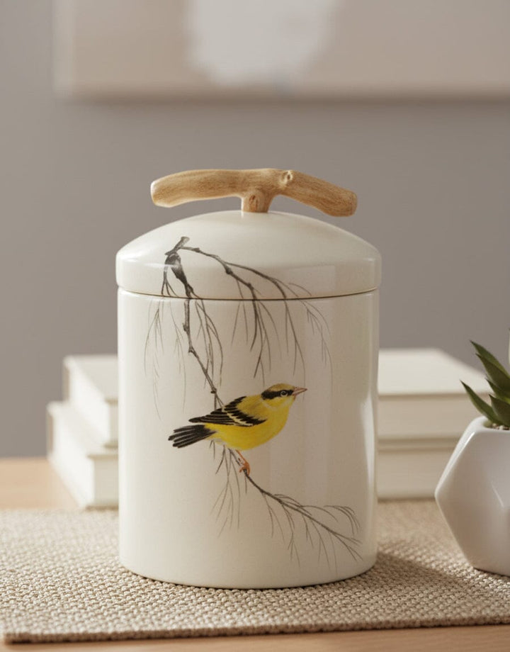 White Ceramic Jar with Bird Motif Decor KHAS STORES 