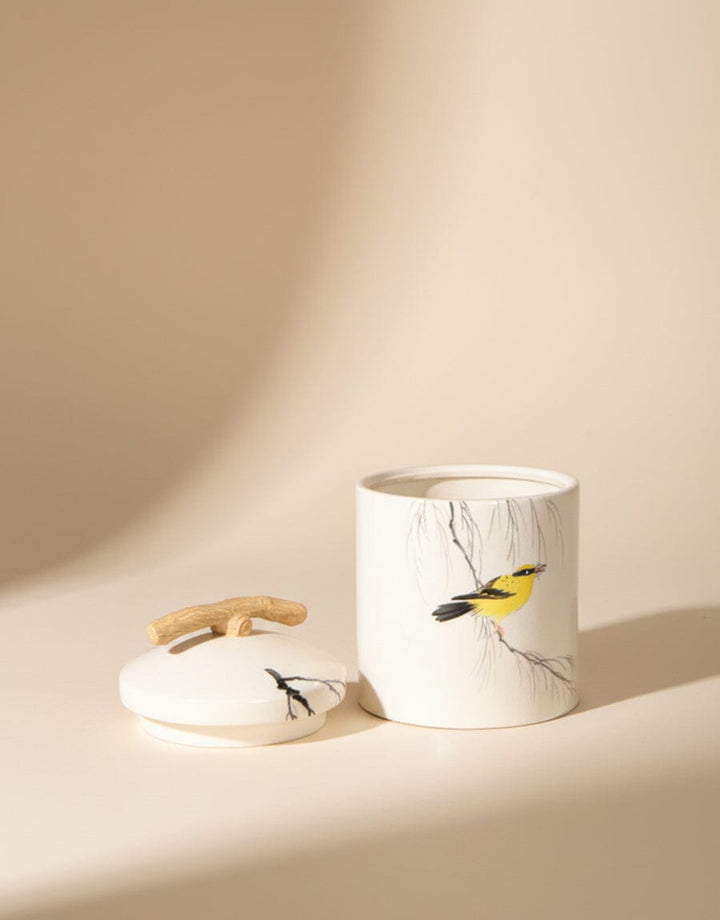 White Ceramic Jar with Bird Motif Decor KHAS STORES 