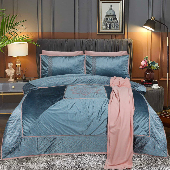 6 PCS BED SET GREY VELVET - King Luxury Bedding HOMBEDCLU 