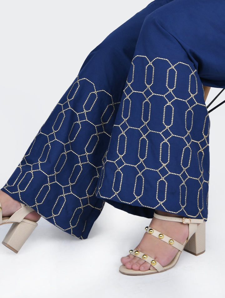 Embroidered Blue Plazo Trouser Women Bottoms FASSTILAD 