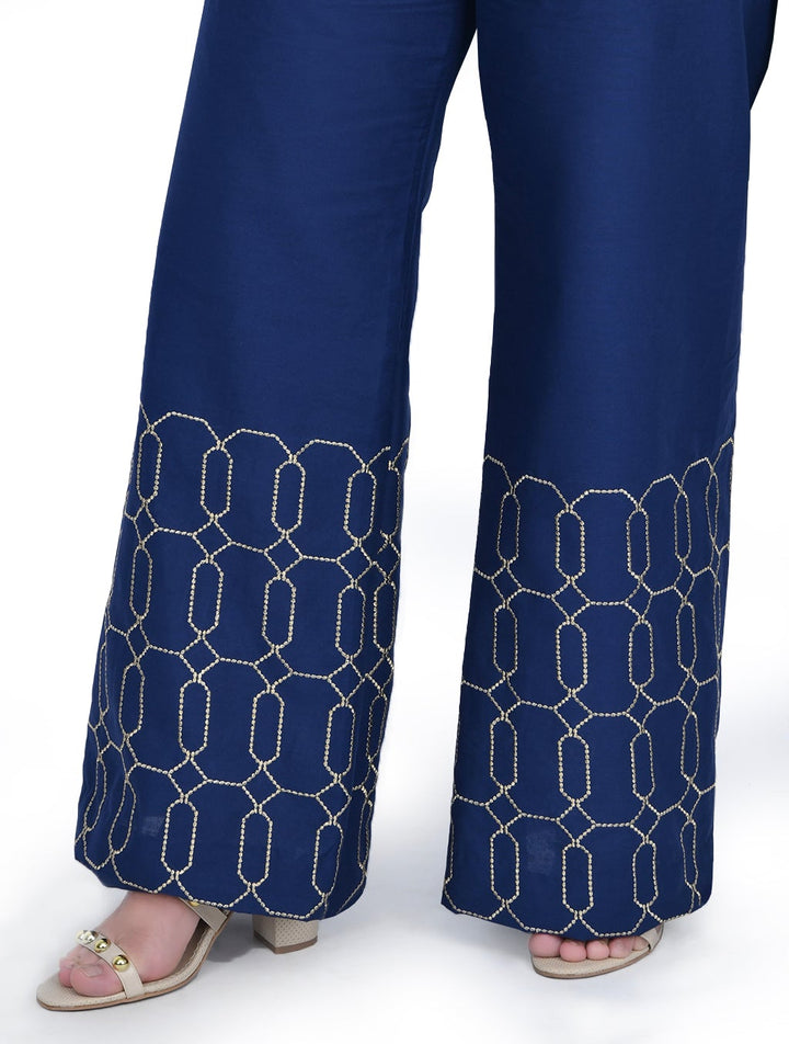 Embroidered Blue Plazo Trouser Women Bottoms FASSTILAD S 